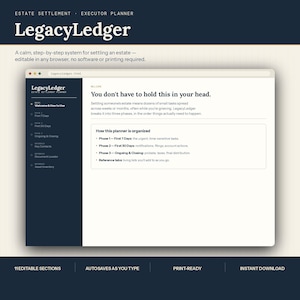 Puede incluir: Un planificador digital de liquidación de herencias titulado LegacyLedger mostrado en una ventana del navegador. La interfaz presenta una barra lateral oscura con pestañas de navegación y un área de contenido principal blanca.