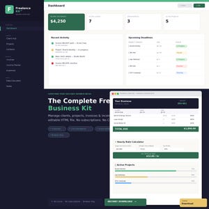 May include: A digital dashboard interface titled Freelance Kit featuring a dark sidebar with navigation links, a main area displaying income, active clients, projects, and upcoming deadlines, and a pop-up window showing an invoice and hourly rate calculator.