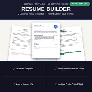 Op de afbeelding: Een digitale cv-bouwer met drie bewerkbare HTML-sjablonen op een donkere achtergrond. De tekst bevat RESUME BUILDER, 3 Designer HTML Templates, Instant Edits in Your Browser, 3 Editable Templates, Add or Remove Sections Freely, Print or Save as PDF en Optional Profile Photo Upload.