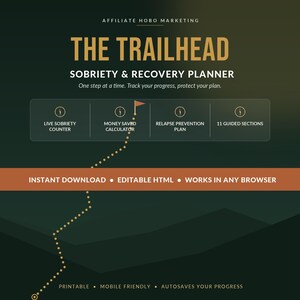 Può includere: Un pianificatore digitale per la sobrietà e il recupero intitolato The Trailhead. Include un contatore di sobrietà in tempo reale, un calcolatore di risparmio, un piano di prevenzione delle ricadute e 11 sezioni guidate. Download istantaneo, HTML modificabile e stampabile.