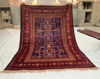 Tappeto in lana annodato a mano, 1,8 x 1,25 m, tappeto geometrico tribale, tappeto vintage boho per soggiorno, tappeto blu e rosso fatto a mano, tappeto per camera da letto