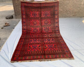 Tappeto in lana annodato a mano 8x5 / Tappeto tribale geometrico rosso e blu navy