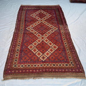 Hand-knotted Afghan Wool Rug, Vintage Geometric Diamond Tribal Carpet, Rust Red Navy Area Rug