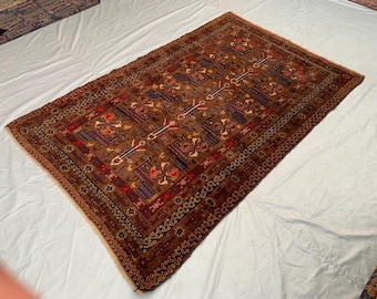 Tappeto in lana fatto a mano 7,5x4,9, tappeto tribale vintage, tappeto marrone per soggiorno, tappeto boho con albero della vita e uccelli, tappeto orientale annodato a mano
