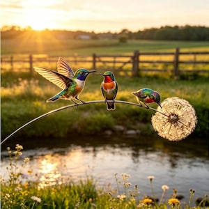 May include: A metal garden sculpture featuring three colourful hummingbirds perched on a curved wire stem that extends into a large, spherical dandelion seed head. The birds display vibrant green, blue, and orange plumage details.