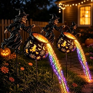May include: Three black witch garden stakes, each holding a cauldron. The cauldrons feature cutouts of witches, bats, and spiderwebs, with glowing interior lights. A stream of multicolored LED fairy lights spills from each cauldron onto the ground.