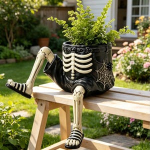 Halloween-Pflanzgefäß mit sitzendem Bein, gruseliger Blumentopf aus Kunstharz, Kürbis-Geist-Mumien-Skelett-Pflanztopf, Gartendekoration