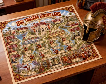 USC Trojans Legend Land-wereldkaart en reisgids | Afdrukbare universiteitsvoetbal kunst aan de muur | Fantasiesportkaart | Digitale download USC-fan Gift