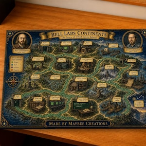 Puede incluir: Una impresión rectangular titulada Bell Labs Continents: The Story of UNIX Sixth Edition, que presenta un mapa de estilo fantástico con ubicaciones numeradas, retratos de Ken Thompson y Dennis Ritchie, y una leyenda Realms of the Kernel.