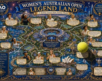 Legendeland van de Australian Open voor vrouwen – Fantasiekaart + Gidsbundel AO Tennis Muurdecoratie | Happy Slam Legends | Serena, Court, Graf & Meer