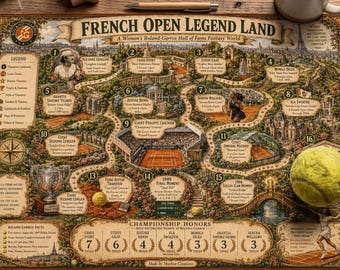Kaart en gids van de legendarische speellocaties van de French Open voor vrouwen | Roland-Garros Fantasy Art | Printbare kaart van de geschiedenis van het vrouwentennis | Hall of Fame (11x17 inch)