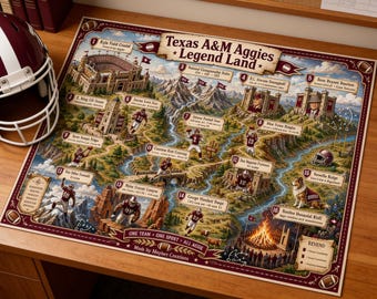 Texas A&M Aggies Legend Land-wereldkaart en gids | Afdrukbare universiteitsvoetbal kunst aan de muur | Digitale download Texas AM-fan