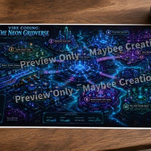 El paquete de aventuras, mapa mundial y tutorial de Neon Gridverse of Vibe Coding