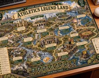 Atletiek: Legendarisch honkballand, fantasiekaart om te printen, Vaderdagcadeau voor papa, honkbal muurdecoratie, digitale downloadkaart en gids.