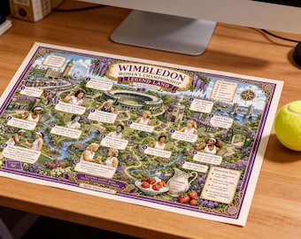 Wimbledon Women's Championship Legend Land Wereldkaart en gids | Afdrukbare tennismuurkunst | Digitale download cadeau tennisfan
