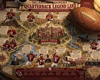 Oklahoma Sooners Quarterback Legend Land – Fantasy Map + Gidsbundel OU Football Muurdecoratie | Boomer Sooner QB Legends | Hall of Fame