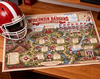 Wereldkaart en reisgids Wisconsin Badgers Legend Land | Afdrukbare universiteitsvoetbal kunst aan de muur | Digitale download voor Wisconsin fan cadeau