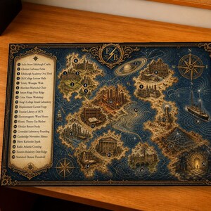May include: A rectangular map print featuring a dark blue background with gold-toned illustrations of various buildings, a compass rose, a ship, and a planet. A numbered list on the left side provides labels for twenty locations, with the initials EB at the top.