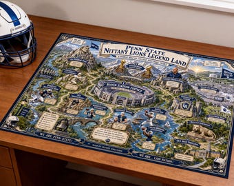 Penn State Nittany Lions Legend Land-wereldkaart en reisgids | Afdrukbare universiteitsvoetbal kunst aan de muur | Penn State fan cadeau digitale download