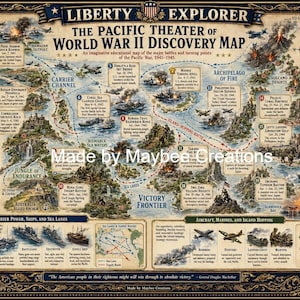 May include: A detailed educational map titled Liberty Explorer: The Pacific Theater of World War II Discovery Map. It features illustrations of naval battles, aircraft, and terrain, with text labels, a legend, and portraits of military leaders.