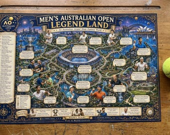 Legendarisch landschap van de Australian Open voor mannen – Fantasykaart + gidsbundel AO Tennis Muurdecoratie | Happy Slam Legends | Digitale download
