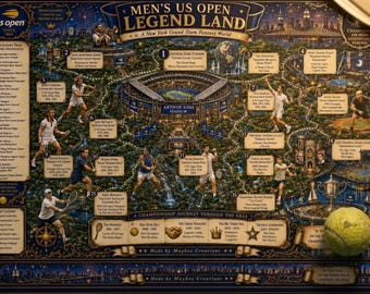 Kaart van de legendarische locaties van de US Open voor heren + gidsbundel | New York Grand Slam Fantasy Art | Printbare tennisgeschiedenis | Hall of Fame 11x17
