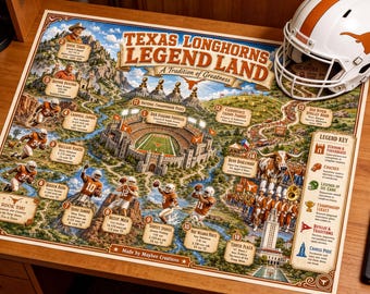 Wereldkaart en reisgids Texas Longhorns Legend Land | Afdrukbare universiteitsvoetbal kunst aan de muur | Digitale download Texas fan cadeau