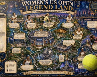 Kaart en gids van de locaties van de US Open tennislegendes | New York Grand Slam Fantasy Art | Printbare Hall of Fame van de geschiedenis van het vrouwentennis