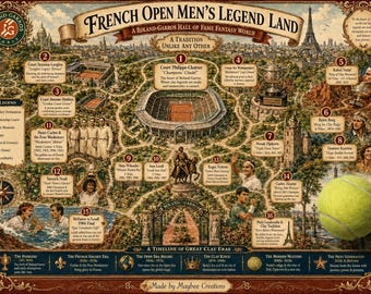 Legendarische plattegrond van de French Open voor heren + gidsbundel | Roland-Garros fantasiekunst | Printbare tennisgeschiedenis | 11x17 Clay Court Hall of Fame
