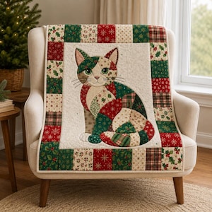 May include: A quilted throw blanket featuring a central applique of a sitting cat composed of various holiday-themed fabric patches in red, green, and cream. The border consists of a patchwork pattern of holly, snowflakes, and plaid prints.