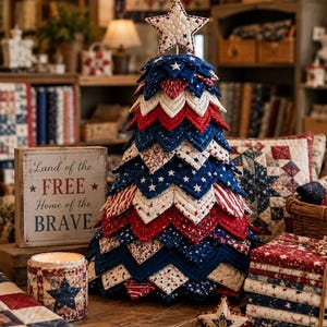 May include: A fabric Christmas tree decoration featuring layered, quilted triangular patches in red, white, and blue with star and stripe patterns. The tree is topped with a quilted star and sits alongside a wooden sign reading Land of the FREE Home of the BRAVE.