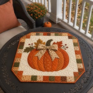 May include: A square quilted table mat featuring a central orange pumpkin appliqué with a beige patterned fabric bow. The pumpkin is surrounded by autumn-colored leaves and berries on a cream background, framed by a border of small patchwork squares.