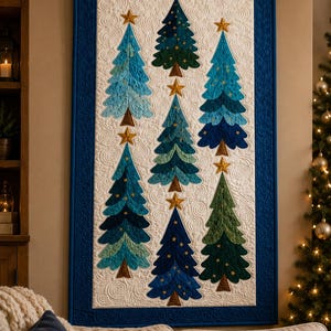 May include: A rectangular wall hanging quilt featuring seven appliqued Christmas trees in various shades of blue and green against a white background with swirling quilted patterns. Each tree is topped with a gold star and decorated with small gold stars.