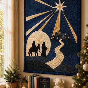 May include: A rectangular wall hanging quilt featuring a dark blue background with a large, bright yellow star radiating light beams over a silhouette of a town. A winding path leads to the town, while a figure on a donkey and another figure walk.