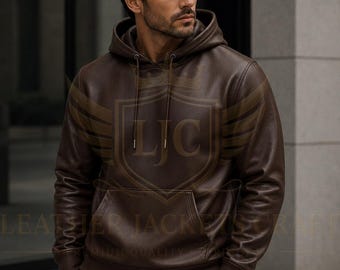 Herren Braun Leder Hoodie - Pullover Streetwear Jacke, lässiger Komfort, Geschenk für Ihn