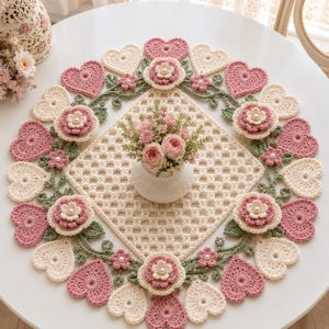 Crochet Heart Wreath Table Topper Pattern PDF, Floral Lace Doily Crochet Pattern, Diamond Mesh Centerpiece, Valentine Crochet Decor