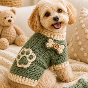 Patrón de suéter de ganchillo para perro, aplique de huella, juguete de hueso, atuendo para mascotas pequeñas (PDF)
