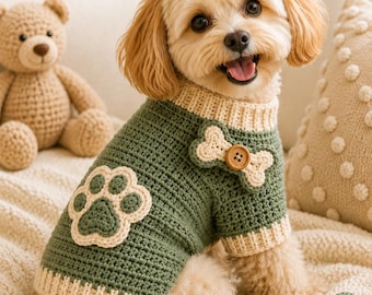Crochet Dog Sweater Pattern, Paw Applique, Bone Toy, Small Pet Outfit (PDF)