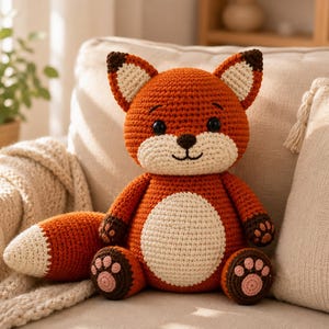 May include: A crocheted fox stuffed animal featuring a vibrant orange body, a cream-coloured belly, and a matching cream muzzle. The fox has dark brown ear tips, paws, and feet, with small pink paw pad details. It has black safety eyes and a stitched nose.