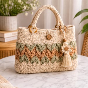 Puede incluir: Un bolso de ganchillo color crema con un patrón de hojas texturizado en verde salvia y bronceado. El bolso tiene dos asas resistentes unidas con anillos de madera, un cierre central de botón de madera y un dije de borla de flor colgando.