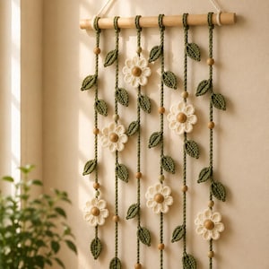 Wzór na szydełkową zawieszkę ścienną z motywem stokrotek | Boho Botanical Crochet Tutorial (do pobrania w wersji cyfrowej)