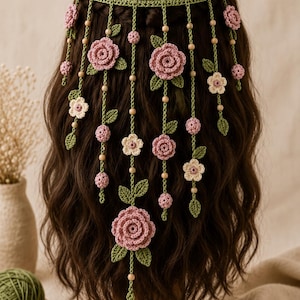 May include: A hair accessory featuring a green crocheted headband with multiple hanging strands. The strands are decorated with small crocheted pink roses, cream-colored flowers, green leaves, and light brown wooden beads throughout the design.
