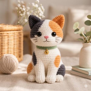 Op de afbeelding: Een handgemaakte gehaakte kattenfiguur met een witte body en grijze en oranje vlekken. De kat heeft een groene halsband met een kleine gouden bel. Het gezicht van de kat heeft zwarte ogen, een roze neus en een lachende mond.