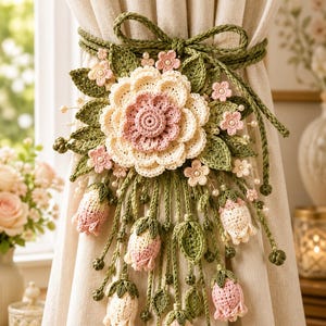 May include: A crochet curtain tieback featuring a large central cream and pink flower surrounded by green leaves and small pink blossoms. Several dangling crochet flower buds in pink and cream hang from green stems, accented with small white beads.