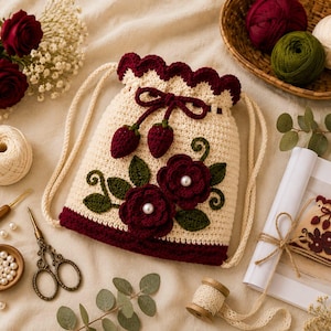 Crochet Drawstring Bag Pattern, Floral Strawberry Purse Tutorial (PDF Download)