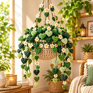 Haakpatroon voor een hangende plantenbak met madeliefjes (PDF), mandje met hartvormige bladeren en klimplanten, bloemen boho woondecoratie, zelfgemaakte gehaakte plantenhanger