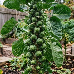 May include: A tall Brussels sprout plant featuring a thick central stalk densely packed with numerous small, round, vibrant green sprouts. Large, broad, dark green leaves extend outwards from the stalk, creating a lush, layered appearance.