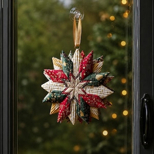 May include: A quilted fabric star ornament featuring a geometric pattern in shades of red, dark green, and cream with gold metallic accents. The star is suspended by a gold ribbon attached to a clear suction cup, creating a multi-pointed design.