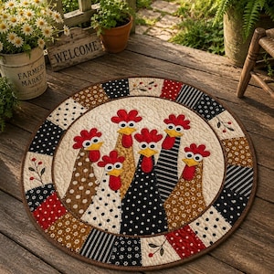 May include: A round quilted fabric mat featuring a central design of five chickens with red combs and yellow beaks. The chickens have bodies in various patterns including polka dots and stripes. The border consists of alternating patchwork fabric squares.