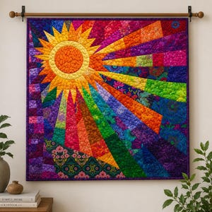 May include: A square wall quilt featuring a vibrant sun motif with radiating beams in shades of yellow, orange, red, purple, blue, and green. The fabric pieces display various floral and geometric patterns, all stitched together with a visible quilted texture.